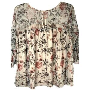 No Boundaries sheer pink floral mesh overlay, 3/4 sleeves, size 3X, EUC